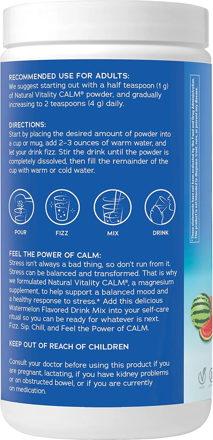 Natural Vitality Calm, Magnesium Supplement, Anti-Stress Drink Mix Powder, Gluten Free, Vegan, & Non-GMO, Watermelon, 16 oz