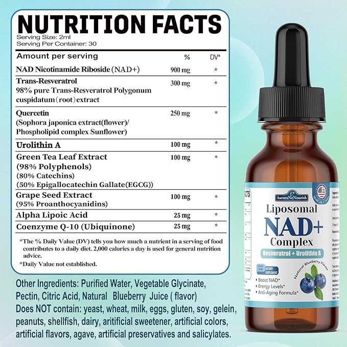 Liposomal NAD+ Liquid Drops, 8-in-1 NAD⁺ Nicotinamide Riboside Resveratrol 900mg w. Quercetin & Urolithin A | Fast Absorption NAD+ Supplement with CoQ10, ALA| Cellular Energy, Anti-Aging, Vitality