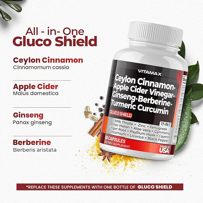 Ceylon Cinnamon, Apple Cider Vinegar, Turmeric - Gluco Health Support - Panax Ginseng, Berberine, Bitter Melon Milk Thistle Fenugreek - Non GMO – Made in USA – 60ct