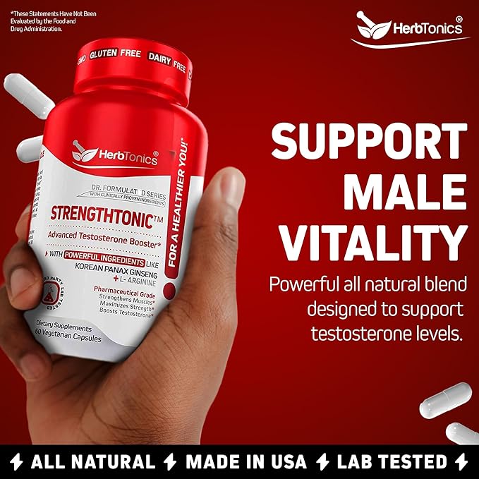Herbtonics Testosterone Support Supplement for Men - Korean Panax Ginseng & Tribulus Terrestris - Supports Healthy Energy, Strength & Stamina - 60 Vegan Capsules