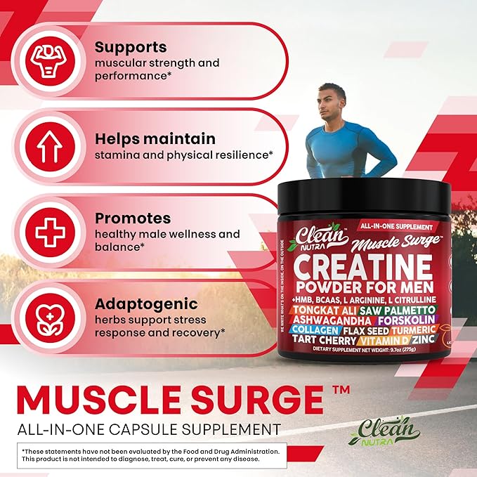 Clean Nutra Creatine Power for Men + HMB BCAA L Arginine L Citrulline Tongkat Ali Saw Palmetto Ashwagandha Collagen Flax Seed Turmeric Preworkout Stevia Nitric Oxide L Glutamine Amino Acids