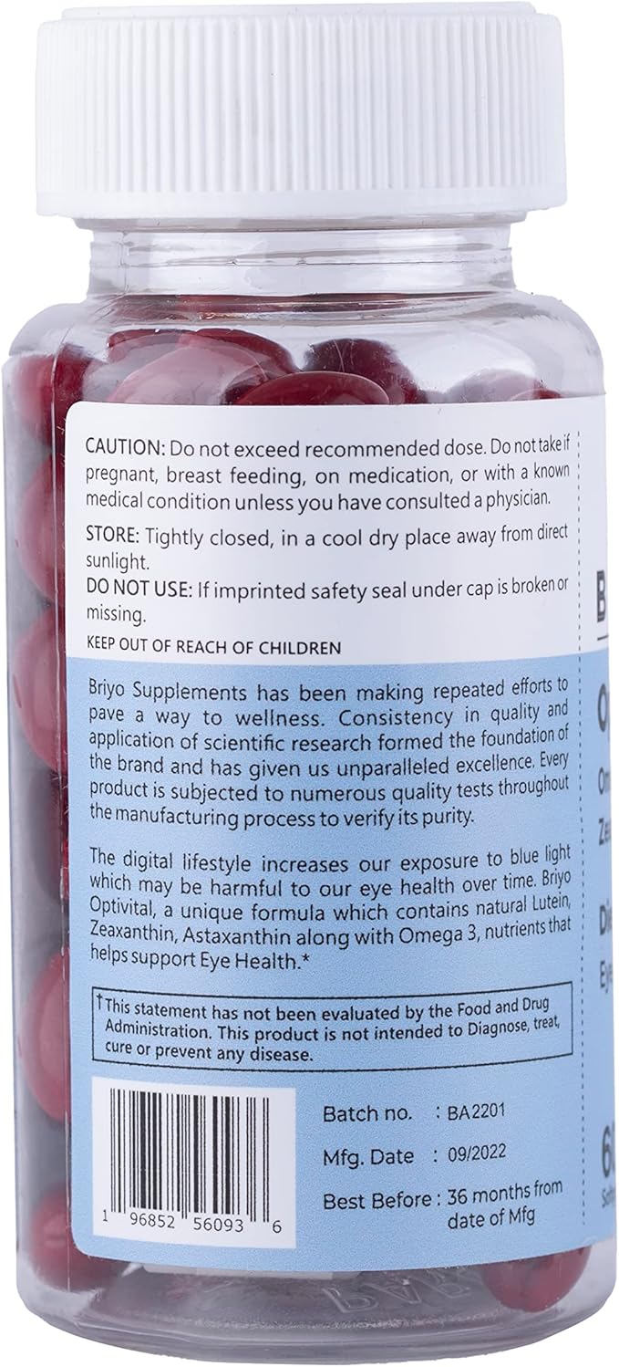 Briyo Optivital Eye Health Supplement with Lutein, Zeaxanthin, Astaxanthin and Omega 3 – Supports Visual Clarity, Screen Fatigue Relief and Long Term Retinal Health – One a Day, 60 Softgels