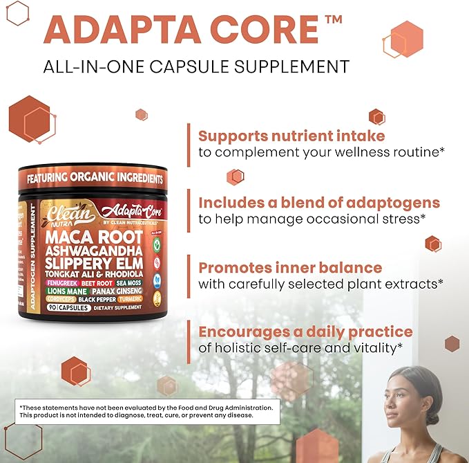 Clean Nutra AdaptaCore, Organic Maca Root Complex with Ashwagandha, Slippery Elm, Fenugreek, 90 Vegan Capsules