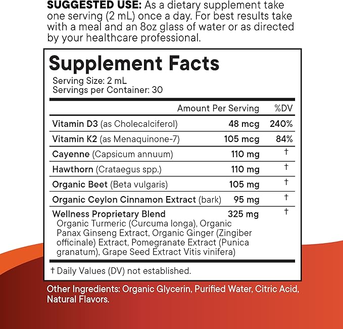 Cayenne Pepper Supplement Liquid Drops + Hawthorn Berry, Vitamin D3 K2 Beet Root Powder, Ceylon Cinnamon, Turmeric Curcumin, Organic Panax Ginseng - 2oz