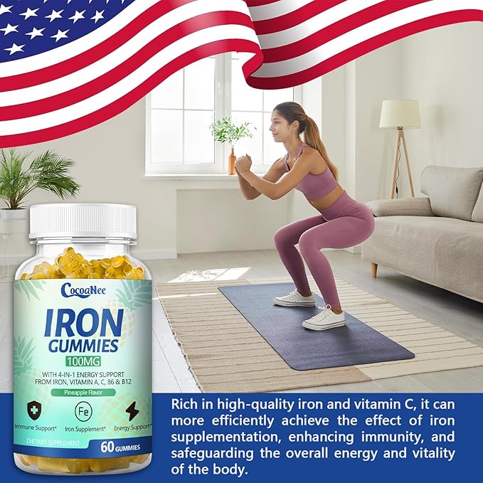 2 Pack 100MG Iron Supplements Gummies for Women & Men - Vitamin C, A, B12 - Complex, Improve Absorption, Energy Boost, Iron Deficiency, Anemia for Adults & Kids - Complex Folate, Zinc, 120Cts