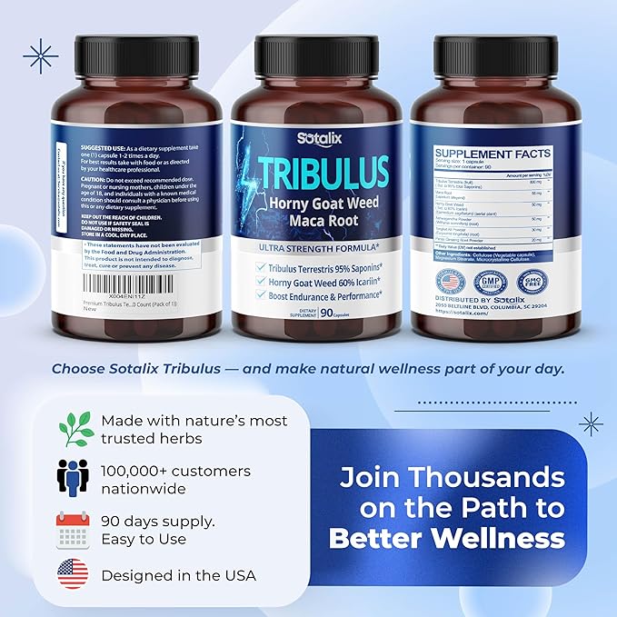 Premium Tribulus Terrestris - 95% Total Saponin Ultra Potency with Maca Root Tongkat Ali Ginseng - High Strength for Men Women - 90 Day Supply (90 Count (Pack of 1))