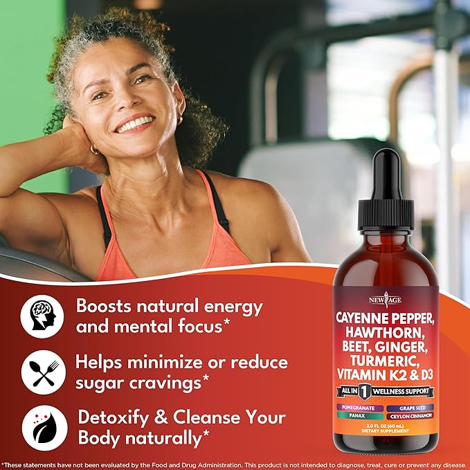 Cayenne Pepper Supplement Liquid Drops + Hawthorn Berry, Vitamin D3 K2 Beet Root Powder, Ceylon Cinnamon, Turmeric Curcumin, Organic Panax Ginseng - 2oz