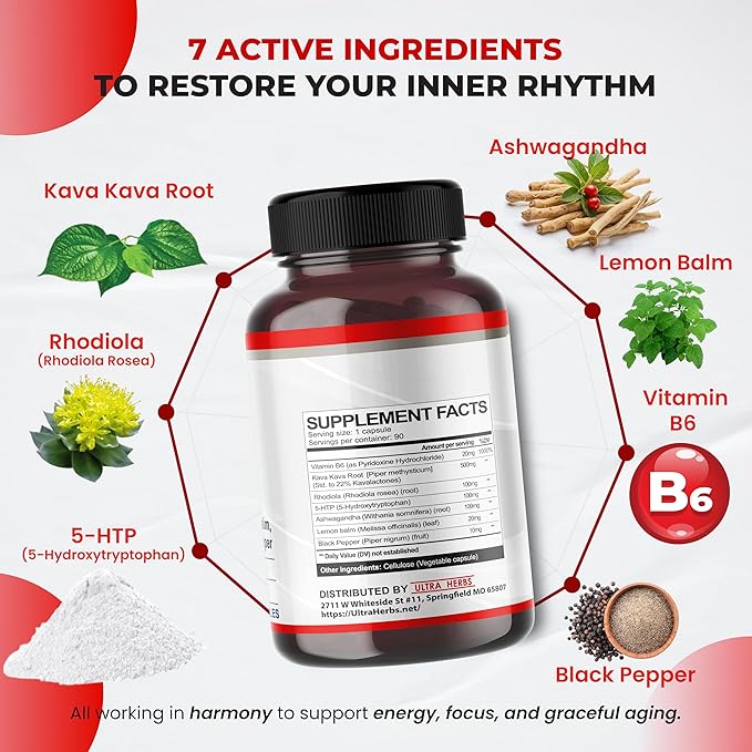 Kava Kava Capsules Supplement - Formula Enriched with Ashwagandha, 5-HTP, Rhodiola, Lemon Balm, Support Mood, Calm & Relaxation | 90 Capsules