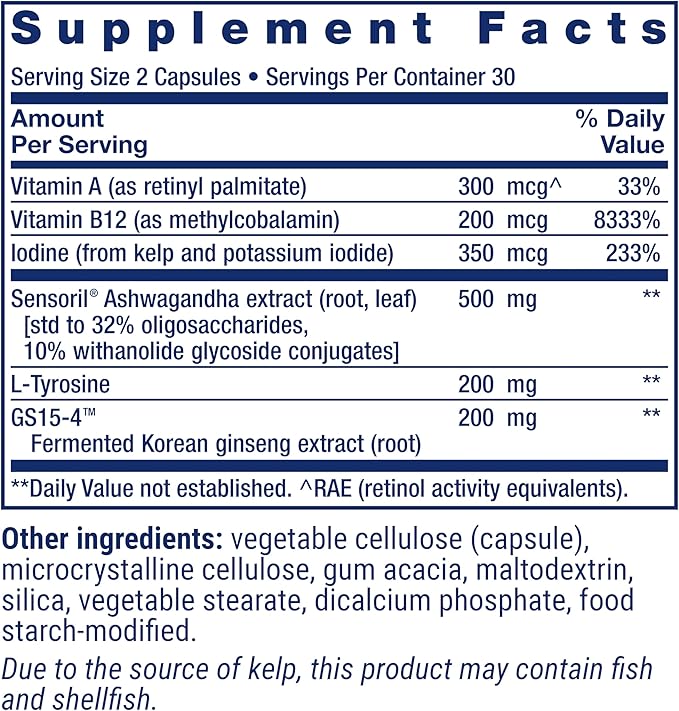 Life Extension Thyroid Support Complex - Thyroid Health Support Supplement with Vitamins A, B, Iodine, Magnesium, L-Tyrosine, Ashwagandha & Ginseng for Energy – Non-GMO, Gluten-Free - 60 Capsules