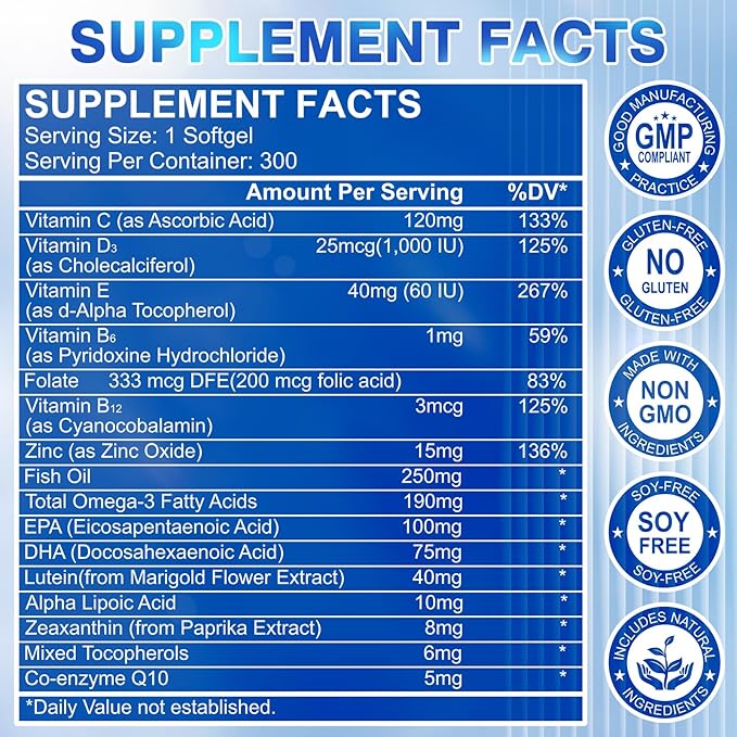 Lutein and Zeaxanthin Supplement - Eye Vitamins, 40 mg Lutein & 8 mg Zeaxanthin with Vitamins C, E, Zinc, Omega-3 & CoQ10 for Blue Light Protection, Eye Health Support, Eyebright  - 300 Softgels
