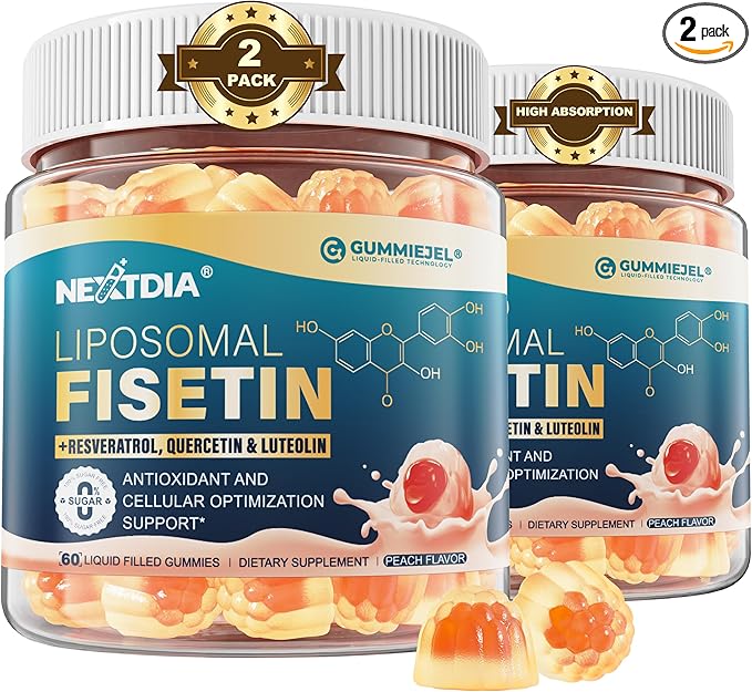 Liposomal Fisetin Complex Gummies - Healthy Aging & Cellular Renewal Support - 98% Purity Fisetin Supplement w/Trans-Resveratrol, Quercetin, Luteolin, Vitamin C & E, 1-A-Day, Vegan 120 Servings