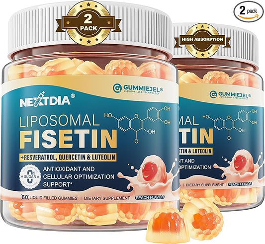 Liposomal Fisetin Complex Gummies - Healthy Aging & Cellular Renewal Support - 98% Purity Fisetin Supplement w/Trans-Resveratrol, Quercetin, Luteolin, Vitamin C & E, 1-A-Day, Vegan 120 Servings