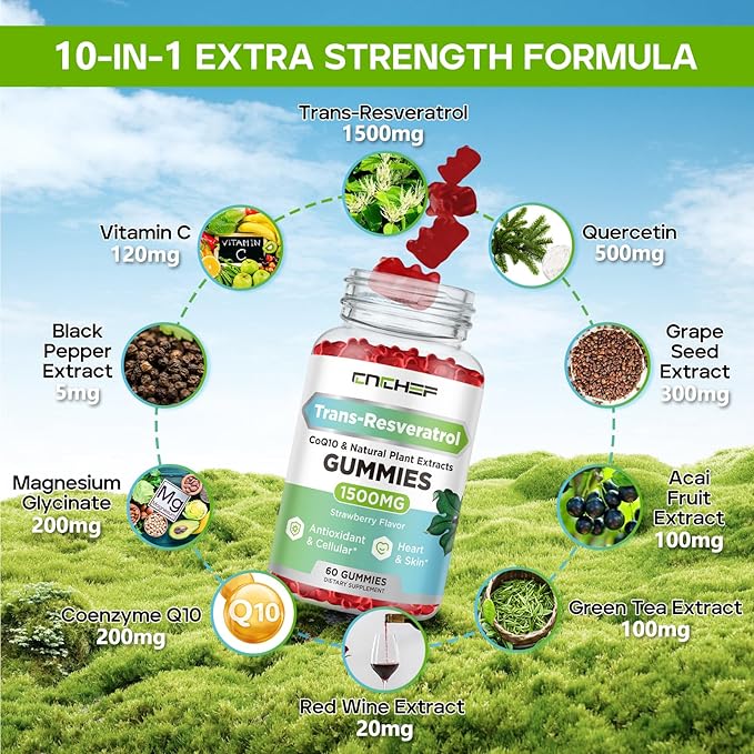 Trans-Resveratrol Gummies 1500mg - Resveratrol Supplement Gummies with Quercetin, Magnesium Glycinate, CoQ10 & Vitamin C for Antioxidant, Immune, Brain, Joint & Energy - Sugar-Free Strawberry Flavor