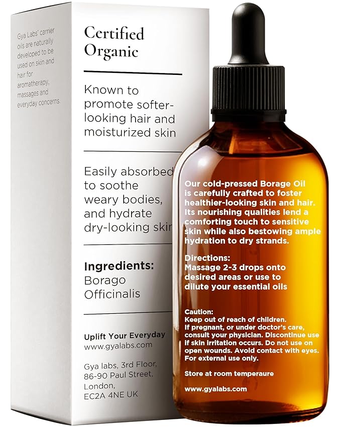Gya Labs Organic Borage Oil for Skin & Face, Hair - 100% Pure Natural Borage Seed Carrier Oil for Lotions - Healing & Comforting (1.69 Fl Oz)