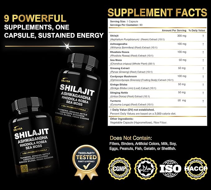 Shilajit 9-in-1 Capsules – Organic Himalayan Complex with Ashwagandha, Sea Moss, Turmeric & More – Vegan, Lab-Tested, Immune & Energy Support for Men & Women – 90 Capsules