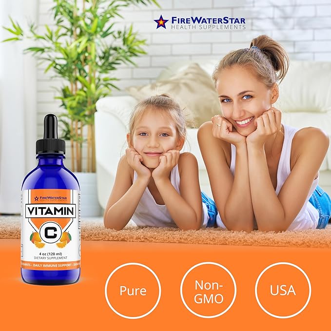 FWS Liquid Vitamin C Supplement for Adults and Kids, Organic, Non-GMO, Vegan, Easy VIT C Drops, Ascorbic Acid, 4 Month Supply, Supports Immune System and Skin Health, Essential Vitamin, 4 oz