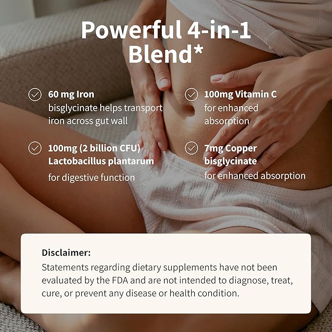 Nourished Natural Health ProbIron - Women's Probiotic + Iron Supplement Boosted with Vitamin C and Copper - Vegan Formula for Energy and Digestive Wellness - 120 Capsules