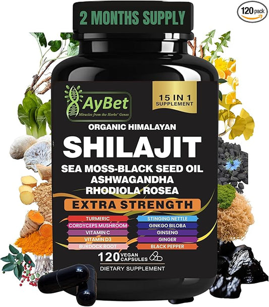 Shilajit for Men and Women-Organic Himalayan Shilajit Capsules with Sea Moss, Black Seed Oil, Ashwagandha, Rhodiola Rosea, Burdock, Cordyceps Mushroom, Ginseng, Turmeric, Ginger, 120 Capsules