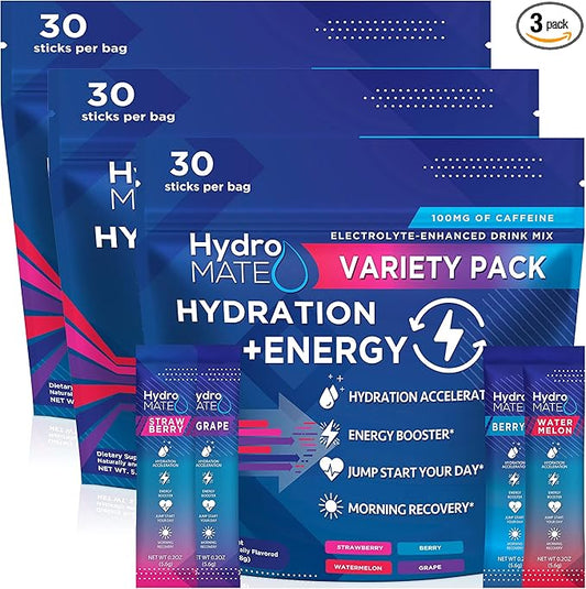 HydroMATE Electrolytes Powder Drink Mix Packets Hydration Accelerator Low Sugar Party Favors for Relief Rapid Recovery Vitamin C Plus Caffeine Variety Pack 90 Count