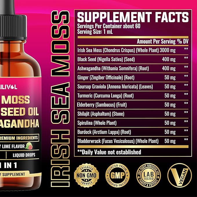 11in1 Sea Moss Liquid Drops - Irish Sea Moss with Black Seed Oil, Ashwagandha & 8 Other - Supplement for Immune, Skin, Digestion - 2 Fl Oz - 60 Days