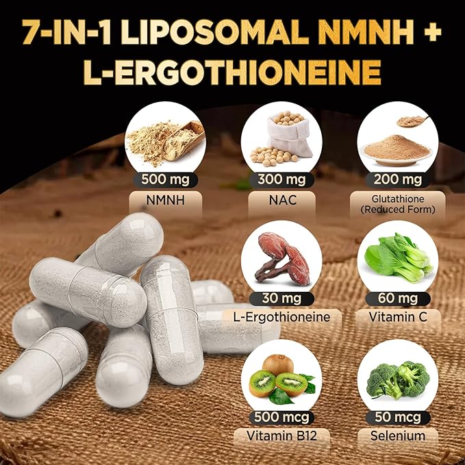 Liposomal NMNH & Ergothioneine Supplement, 6 in 1 Complex with NAC, Glutathione, Vitamin C & Selenium, for Women & Men, Healthy Aging, Antioxidant & Immune Support, 90 Capsules