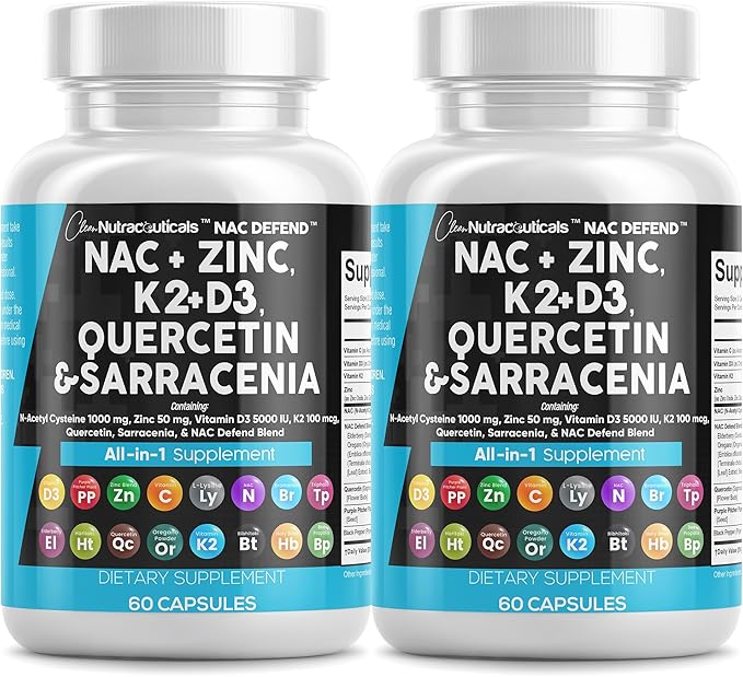 Clean Nutraceuticals NAC Supplement N-Acetyl Cysteine Vitamin D3 K2 Zinc Quercetin Sarracenia Purpurea with Elderberry Holy Basil Bee Propolis Bromelain L-Lysine (2)