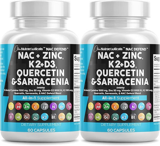 Clean Nutraceuticals NAC Supplement N-Acetyl Cysteine Vitamin D3 K2 Zinc Quercetin Sarracenia Purpurea with Elderberry Holy Basil Bee Propolis Bromelain L-Lysine (2)