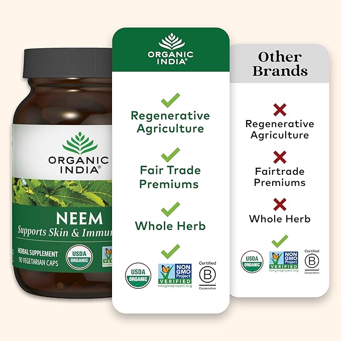 ORGANIC INDIA Neem Leaf Capsules, Herbal Supplement - Supports Skin, Immune, & Liver Health, Detox, Vegan, Gluten-Free, USDA Certified Organic - 180 Capsules