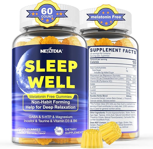 Melatonin Free Sleep Gummies, with Magnesium Glycinate, GABA, 5-HTP, L-Theanine, Valerian, Chamomile, Lemon Balm, Vitamin D3 & B6 - Hormone & Drug- Free, Non-Habit Forming,Sugar Free