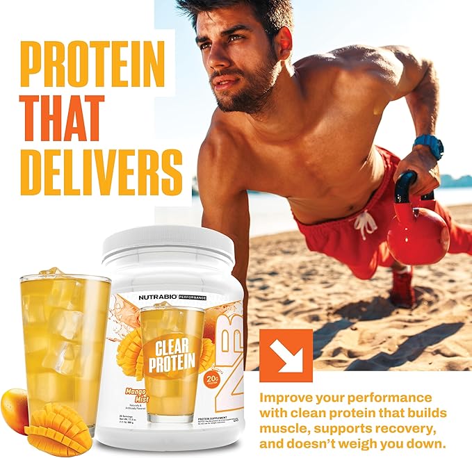 NutraBio Clear Protein Powder, Mango Mist - 20 Servings, 20g Clear Whey Protein Isolate, 0 Sugar, 0g Lactose, Refreshing Fruit Flavors, GLP1 Support - Bone Health - Muscle Post Workout Recovery