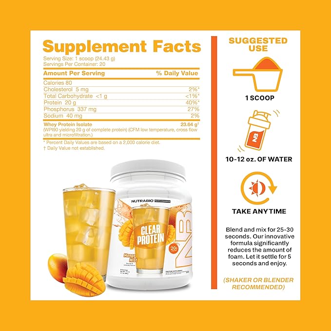 NutraBio Clear Protein Powder, Mango Mist - 20 Servings, 20g Clear Whey Protein Isolate, 0 Sugar, 0g Lactose, Refreshing Fruit Flavors, GLP1 Support - Bone Health - Muscle Post Workout Recovery