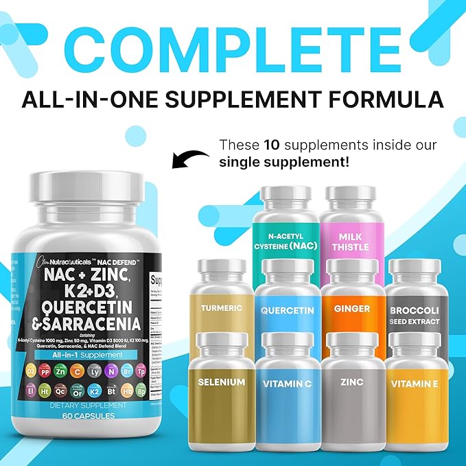 Clean Nutraceuticals NAC Supplement N-Acetyl Cysteine Vitamin D3 K2 Zinc Quercetin Sarracenia Purpurea with Elderberry Holy Basil Bee Propolis Bromelain L-Lysine (2)