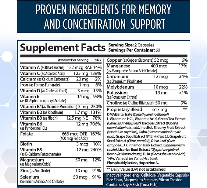 Neuro Plus Brain & Focus Formula - Nootropic Brain Booster Supplement, Supports Brain Health, Mental Clarity & Focus - Enhances Concentration & Mental Energy – 120 Capsules (1)