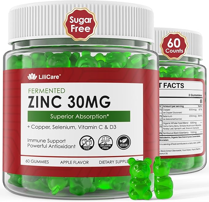 Zinc Gummies + Copper, Selenium, Vitamin C & D3, Fermented Zinc Supplements for Women and Men with Elderberry for Daily Immune Support, Powerful Antioxidant, High Absorption, Vegan, Sugar Free, 60 Cts