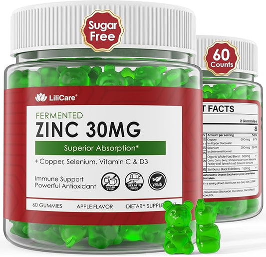 Zinc Gummies + Copper, Selenium, Vitamin C & D3, Fermented Zinc Supplements for Women and Men with Elderberry for Daily Immune Support, Powerful Antioxidant, High Absorption, Vegan, Sugar Free, 60 Cts