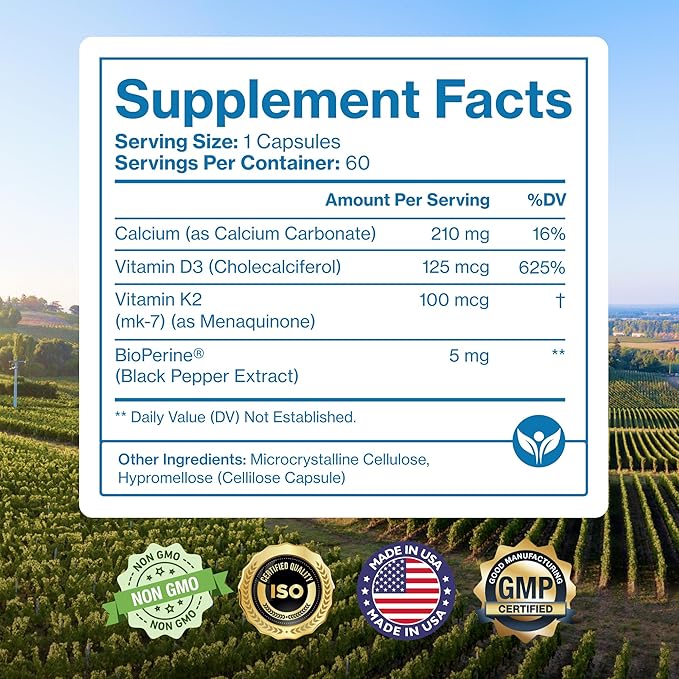 Pure Micronutrients Vitamin D3 K2 Supplement | MK7 100mcg, D3 5000 iu, Calcium + BioPerine | Muscle & Bone Health, Heart, Immunity & Energy Support | Vegan | 60 Capsules