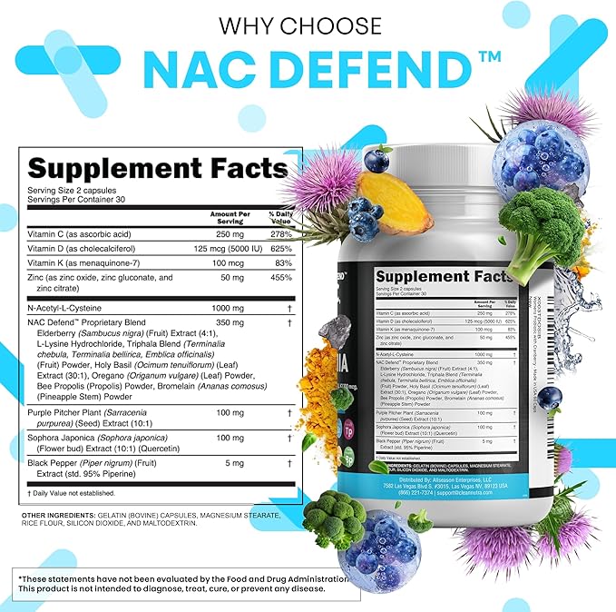Clean Nutraceuticals NAC Supplement N-Acetyl Cysteine Vitamin D3 K2 Zinc Quercetin Sarracenia Purpurea with Elderberry Holy Basil Bee Propolis Bromelain L-Lysine (2)