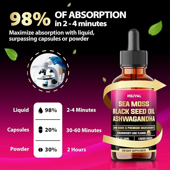 11in1 Sea Moss Liquid Drops - Irish Sea Moss with Black Seed Oil, Ashwagandha & 8 Other - Supplement for Immune, Skin, Digestion - 2 Fl Oz - 60 Days