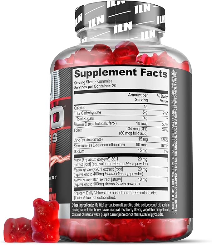 Iron Labs Nutrition Testo Gummies for Men (60 Gummies) - High Strength Booster for Men - Mixed Berry Flavor - Features Maca, Ginseng, Zinc and Selenium - Sugar Free & Vegan Suitable