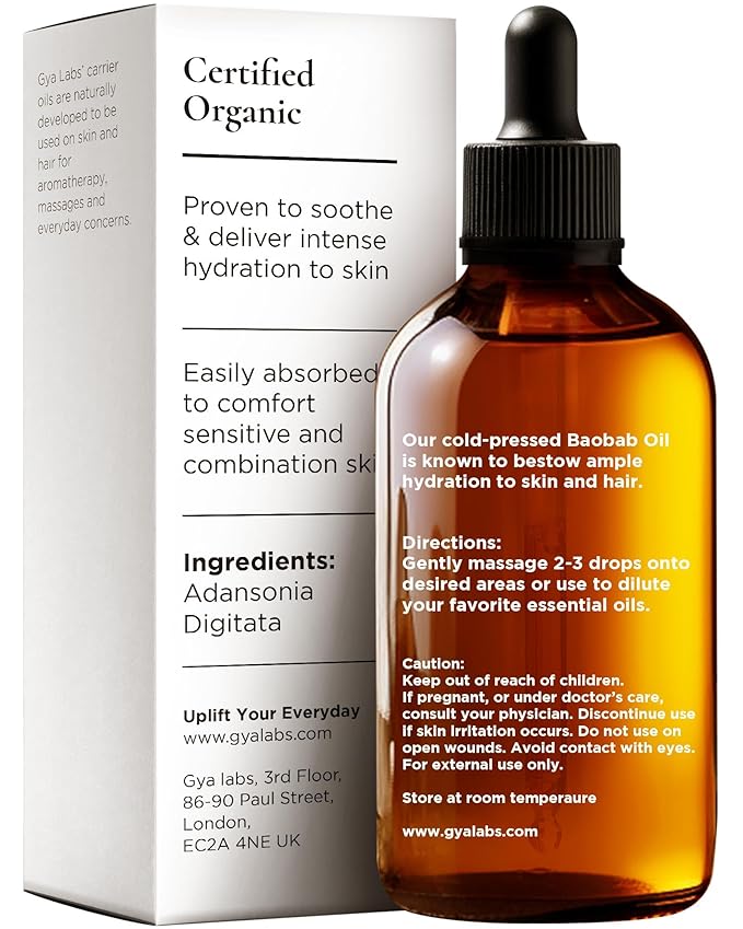 Gya Labs Organic Baobab Oil for Hair, Skin & Face - 100% Pure Natural Baobab Seed Carrier Oil - Comforting & Nourishing (1.69 Fl Oz)
