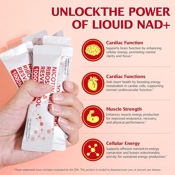 NAD+ Liquid Supplement, Premium Nicotinamide Riboside & Resveratrol, High-Potency NAD 1000mg Liquid, Boosts Cellular Energy, Concentration & Anti-Aging, Advanced NAD Supplement for Men & Women