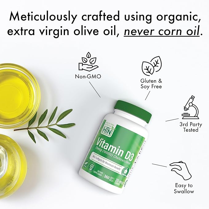 Health Thru Nutrition Vitamin D3 1,000iu 360 Mini Softgels for Maximum Benefit | 25mcg Cholecalciferol | 3rd Party Tested | Non-GMO USP Grade in Organic EVOO | Immune Health Support