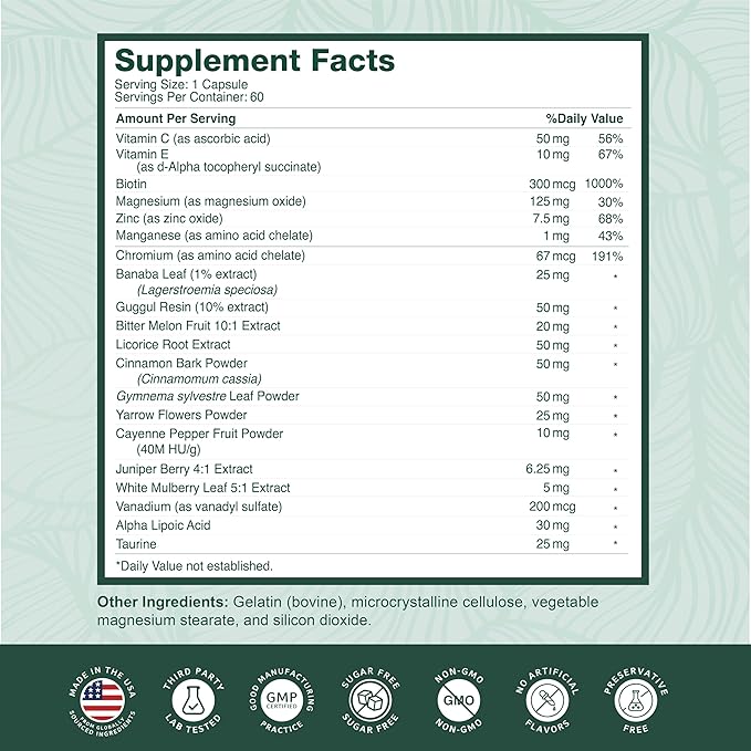 PurePremium Normal Blood Sugar Support Supplement - 20 Active Ingredients Complex to Support Blood Sugar Levels Already in The Normal Range - with Cinnamon, Bitter Melon, Chromium, Mulberry - 60ct