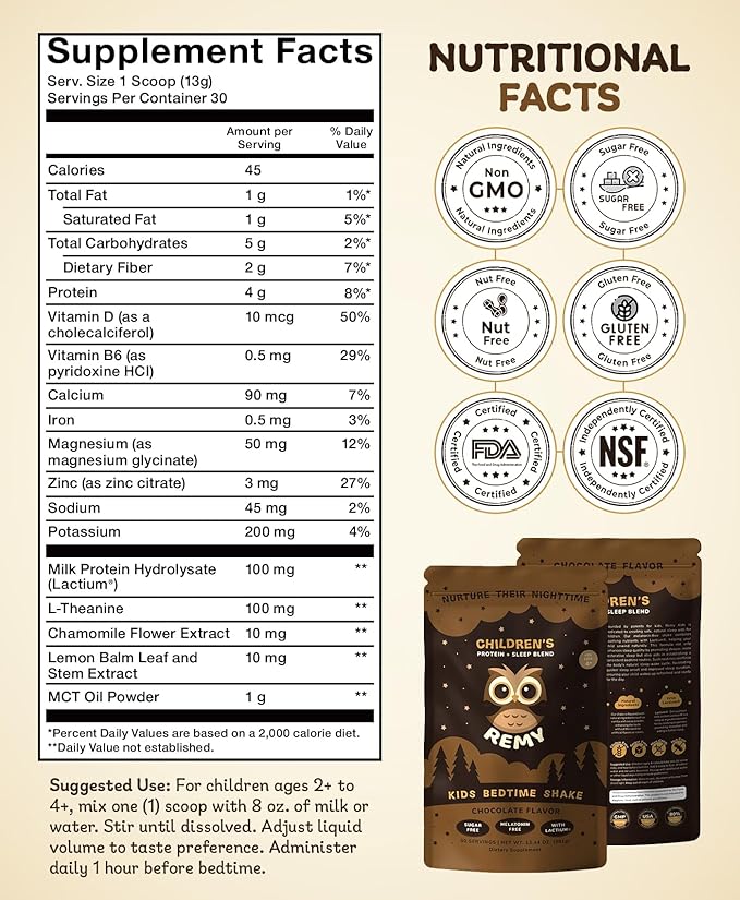 Happy Owl Remy Protein Sleep Aid Supplements for Kids, Melatonin-Free Formula, Lactium, L Theanine, Vitamin D, B6, Calcium & Herbal Extracts Sleep Aid for Kids, Balanced Nutritional Drink, Non GMO