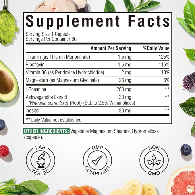 L-Theanine 200mg Supplement, Magnesium Glycinate, Ashwagandha, Inositol, Vitamin B1 B2 B6, No Gluten, Calm, Relaxation, Focus, Cognitive Function, 60 Vegan Caps