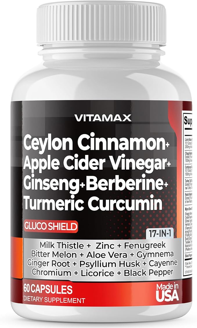 Ceylon Cinnamon, Apple Cider Vinegar, Turmeric - Gluco Health Support - Panax Ginseng, Berberine, Bitter Melon Milk Thistle Fenugreek - Non GMO – Made in USA – 60ct