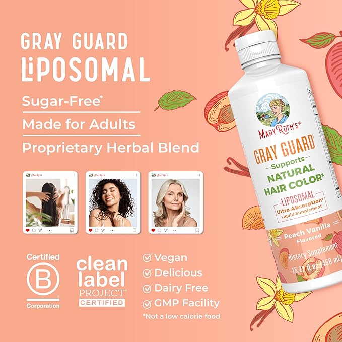 MaryRuth Organics Gray Guard Liposomal, Supports Natural Hair Color, with Copper & Pantothenic Acid, Holy Basil & Traditional Herbs, Vitamin E & Vitamin B for Overall Health, Ages 18+, 15.22 Fl oz