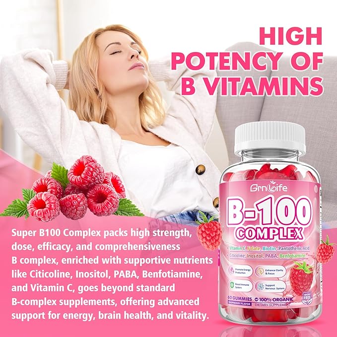 2 Pack Vitamin B Complex Gummies, All B Vitamins + Methyl B12, B1, B2, B3, B5, B6, Biotin, Methylfolate, Vitamin C, Choline, Inositol, PABA for Energy & Immune Support, Raspberry, 120 Count
