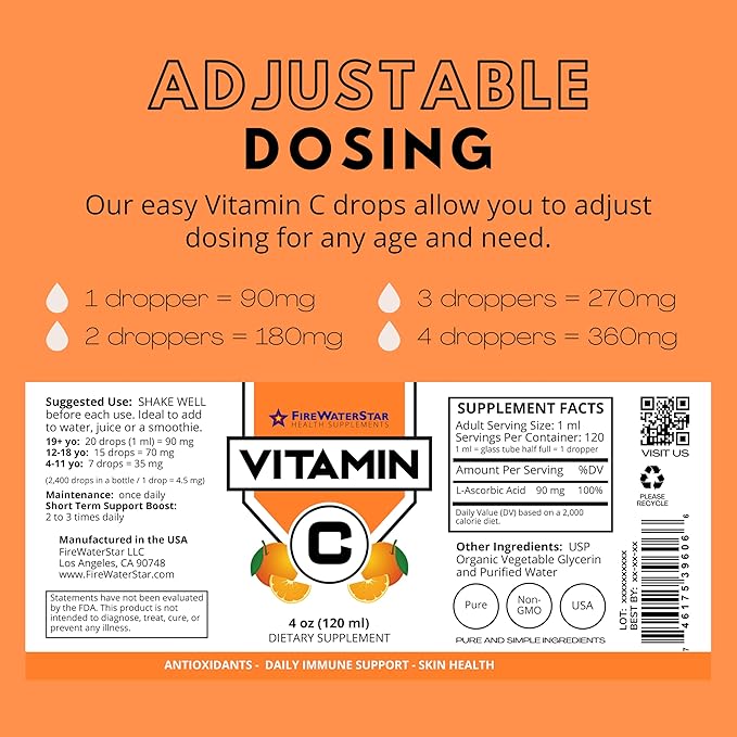 FWS Liquid Vitamin C Supplement for Adults and Kids, Organic, Non-GMO, Vegan, Easy VIT C Drops, Ascorbic Acid, 4 Month Supply, Supports Immune System and Skin Health, Essential Vitamin, 4 oz