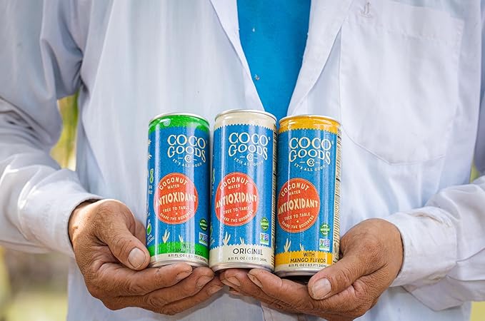 CocoGoodsCo Antioxidant Drink with Coconut Water, Mango – 35mg Natural Caffeine, 0g Sugar, Naturally Sweetened, 10 Calories, with Green Coffee & Vitamin E – 8.11 fl oz Cans (12 Pack)
